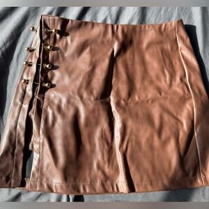 Faux Leather A-Line Mini Skirt in Brown with Gold Button Detail